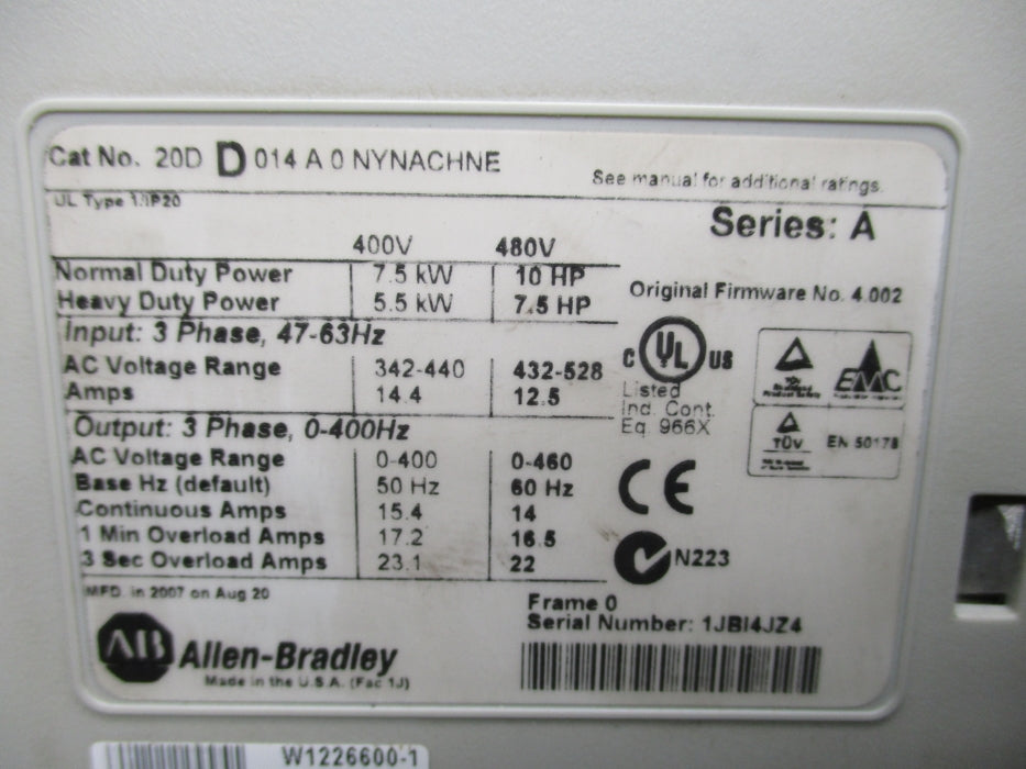 ALLEN BRADLEY 20DD014A0NYNACHNE SER. A F/W 4.002 NUPI