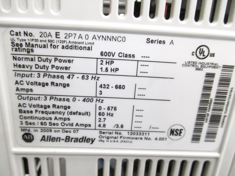 INDUSTRIAL SPARE PART 20AE2P7A0AYNNNC0 SER. A F/W 4.001 (AS PICTURED) UNMP