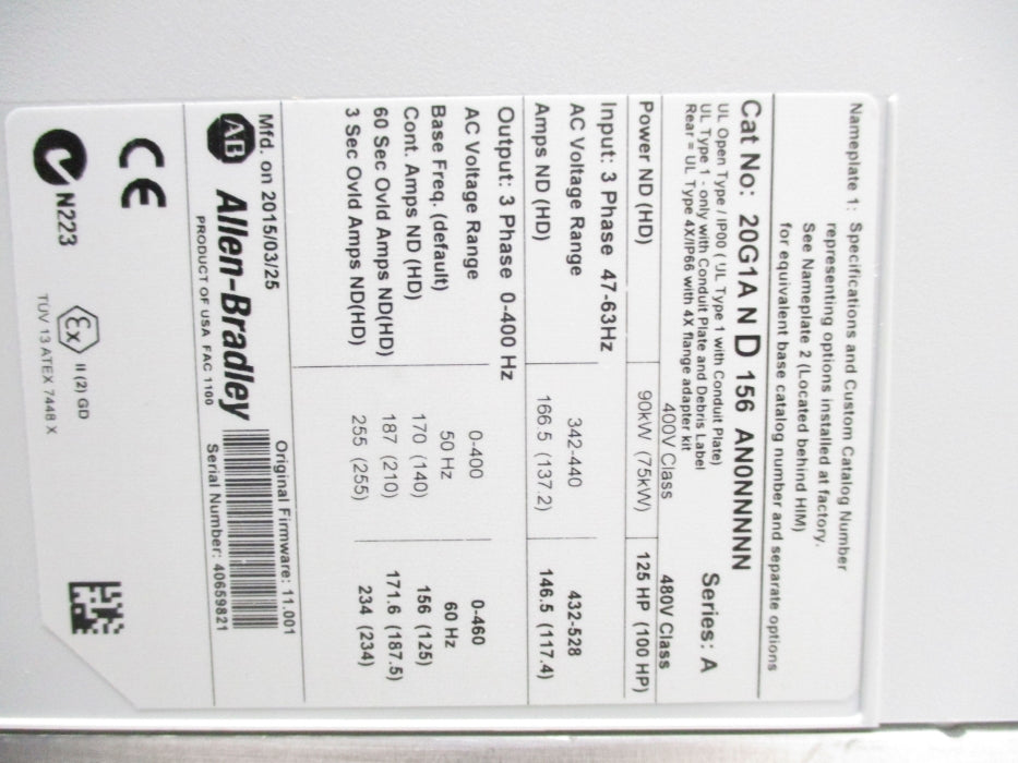 ALLEN BRADLEY 20G1AND156AN0NNNNN SER. A F/W11.001 NSMP