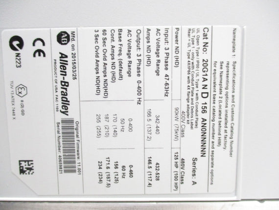 ALLEN BRADLEY 20G1AND156AN0NNNNN SER. A F/W11.001 NSMP