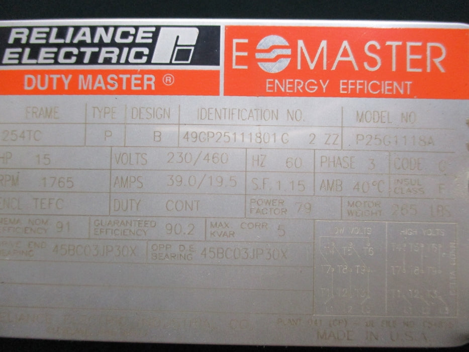 RELIANCE ELECTRIC P25G1118A 254TC 3PH  15HP  NSNP