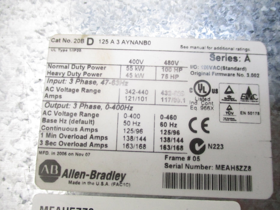 ALLEN BRADLEY 20BD125A3AYNANB0 SER. A F/W 3.002 UNMP