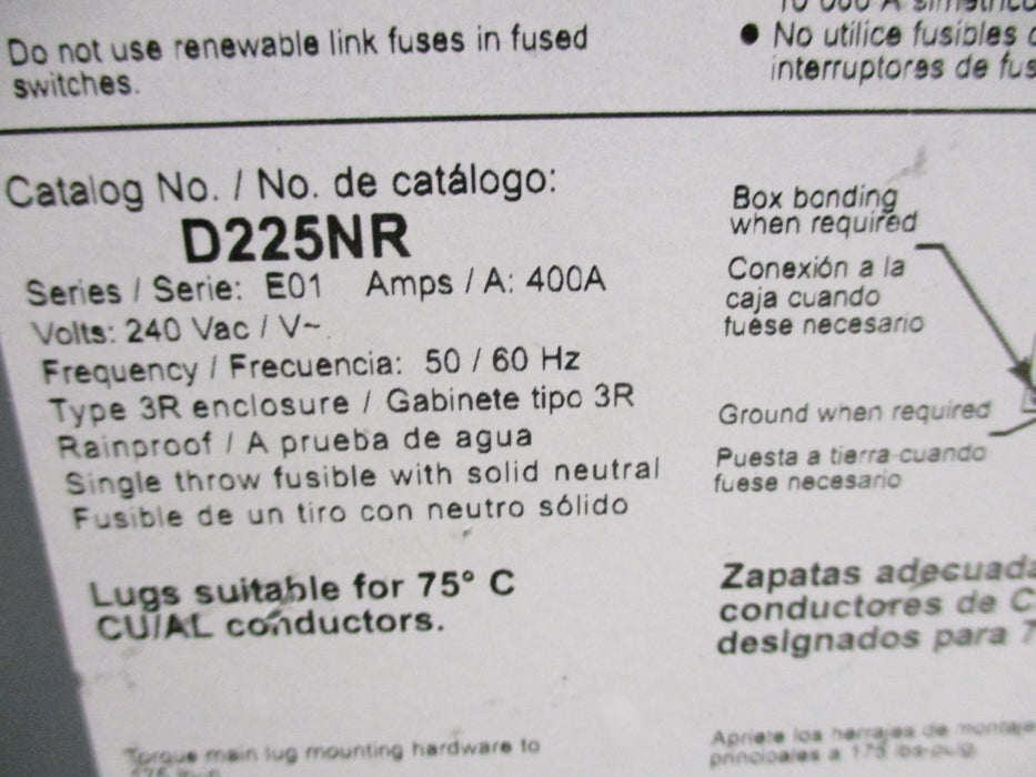 SQUARE D D225NR SER. E01 (AS PICTURED) NSMP