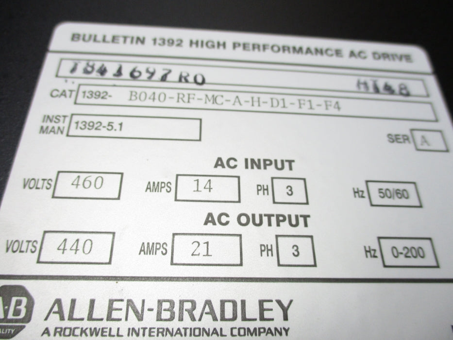 ALLEN BRADLEY 1392-B040-RF-MC-A-H-D1-F1-F4 SER. A NSMP