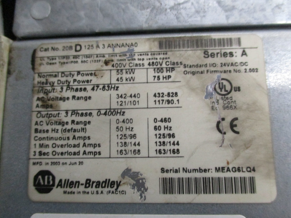 ALLEN BRADLEY 20BD125A3ANNANA0 SER. A F/W 2.002 (AS PICTURED) UNMP