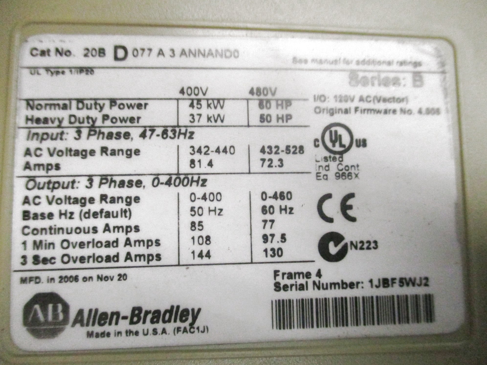 ALLEN BRADLEY 20BD077A3ANNAND0 SER. B F/W 4.006 UNMP