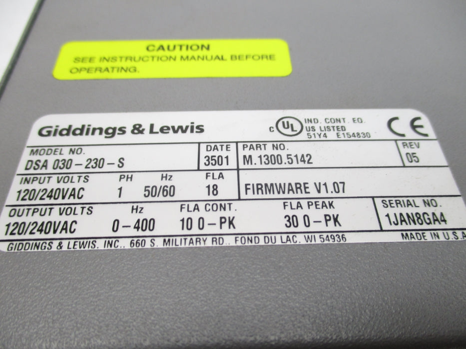 GIDDING & LEWIS DSA030-230-S M.1300.5142 F/W: V1.07 NSMP