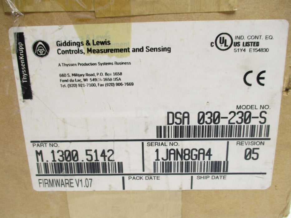 GIDDING & LEWIS DSA030-230-S M.1300.5142 F/W: V1.07 NSMP