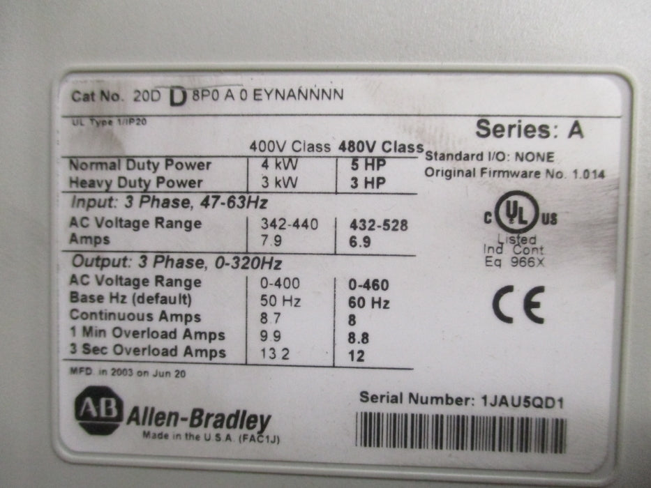 INDUSTRIAL SPARE PART 20DD8P0A0EYNANNNN SER. A F/W 1.014 UNMP