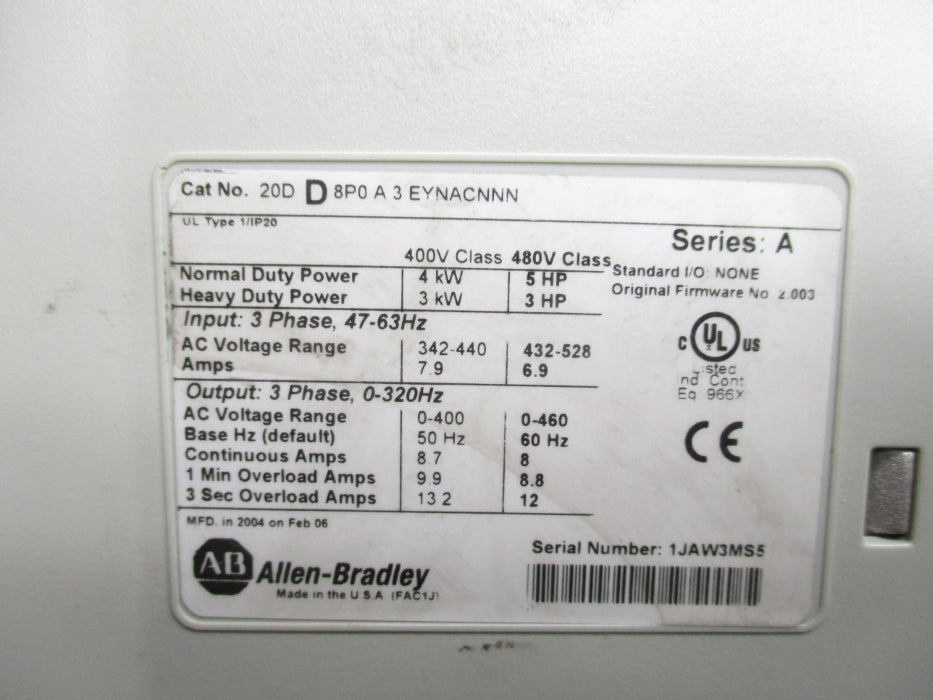 ALLEN BRADLEY 20DD8P0A3EYNACNNN SER. A F/W 2.003 UNMP
