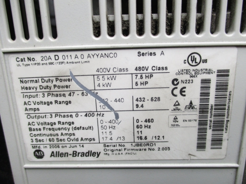ALLEN BRADLEY 20AD011A0AYYANC0 SER. A F/W 2.003 UNMP