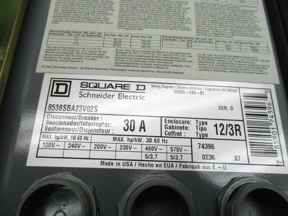 SQUARE D 8538SBA23V02S SER. D NSNP
