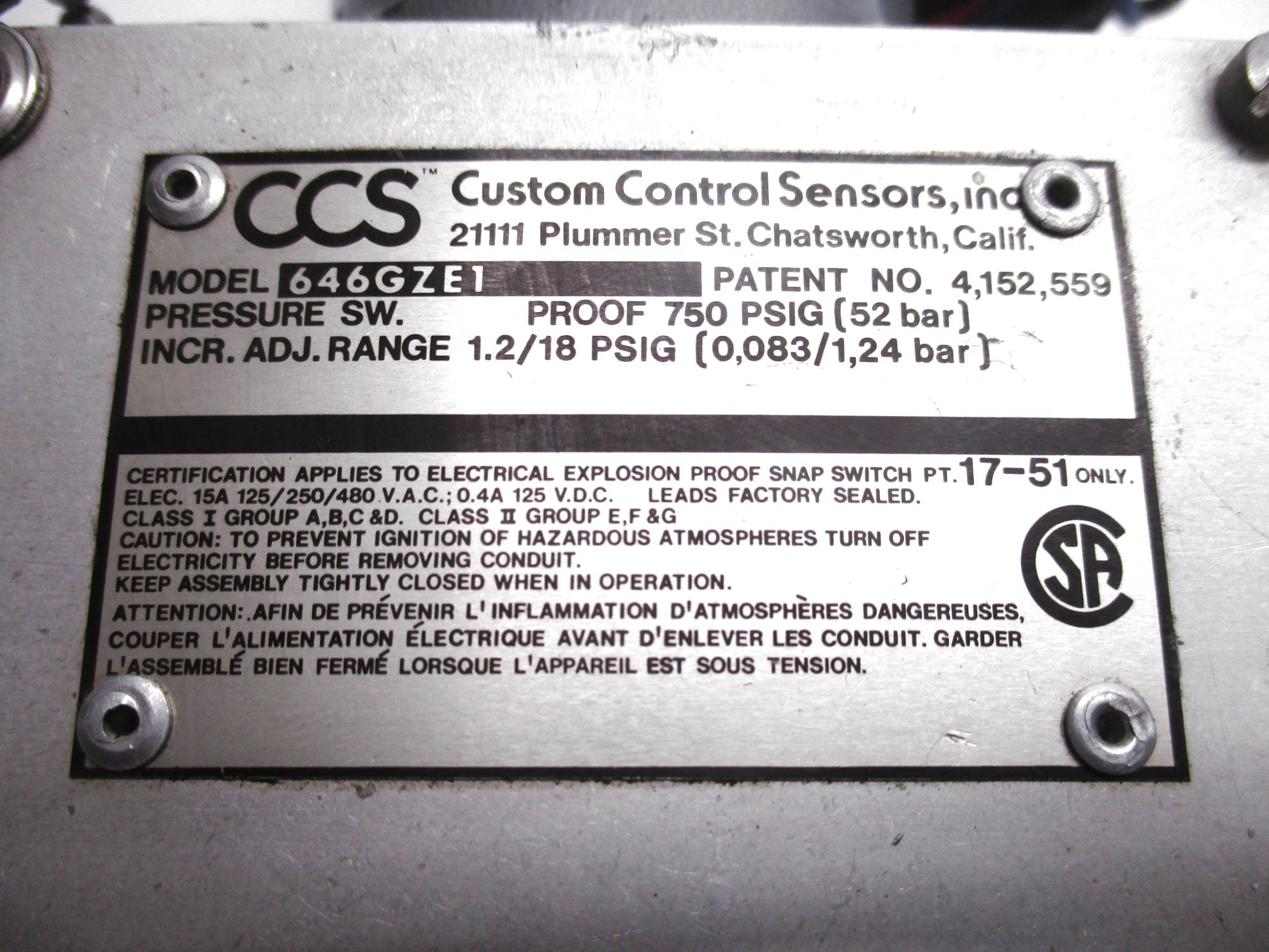 CUSTOM CONTROL SENSOR 646GZE1 UNMP