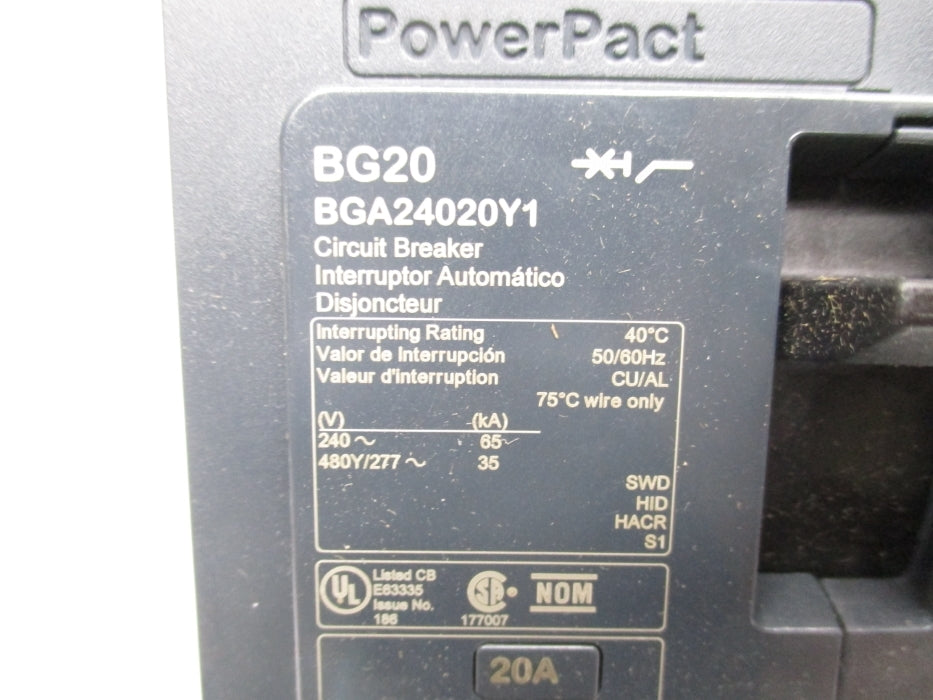 SQUARE D BGA24020Y1 20A 277V NSMP