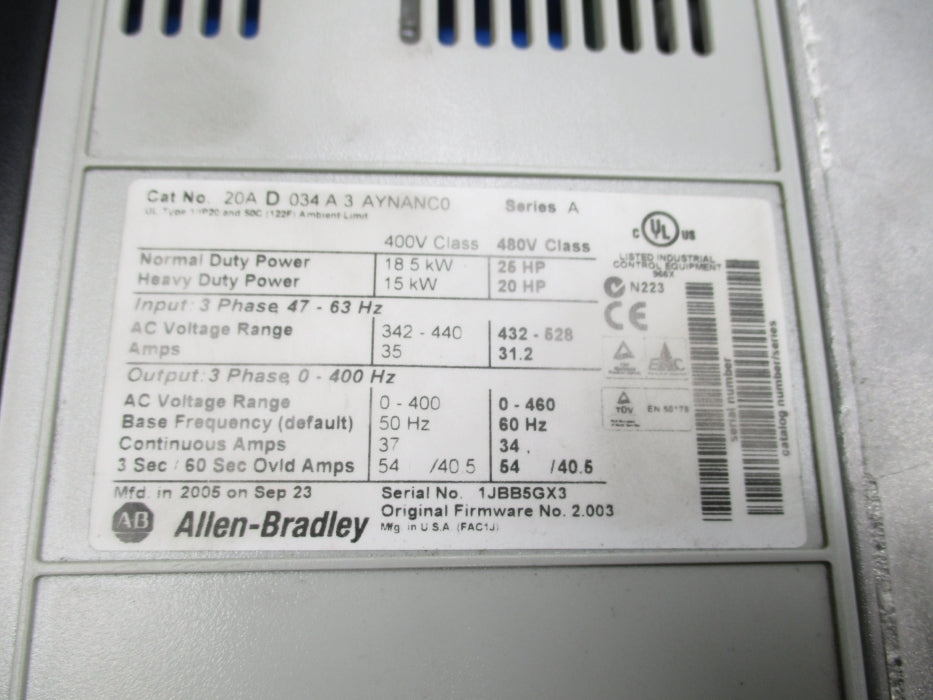 ALLEN BRADLEY 20AD034A3AYNANC0 SER. A F/W 2.003 NSNP