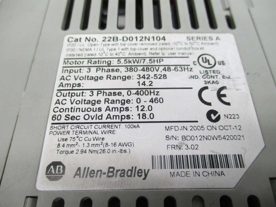 INDUSTRIAL SPARE PART 22B-D012N104 SER. A F/W 3.02 NSNP