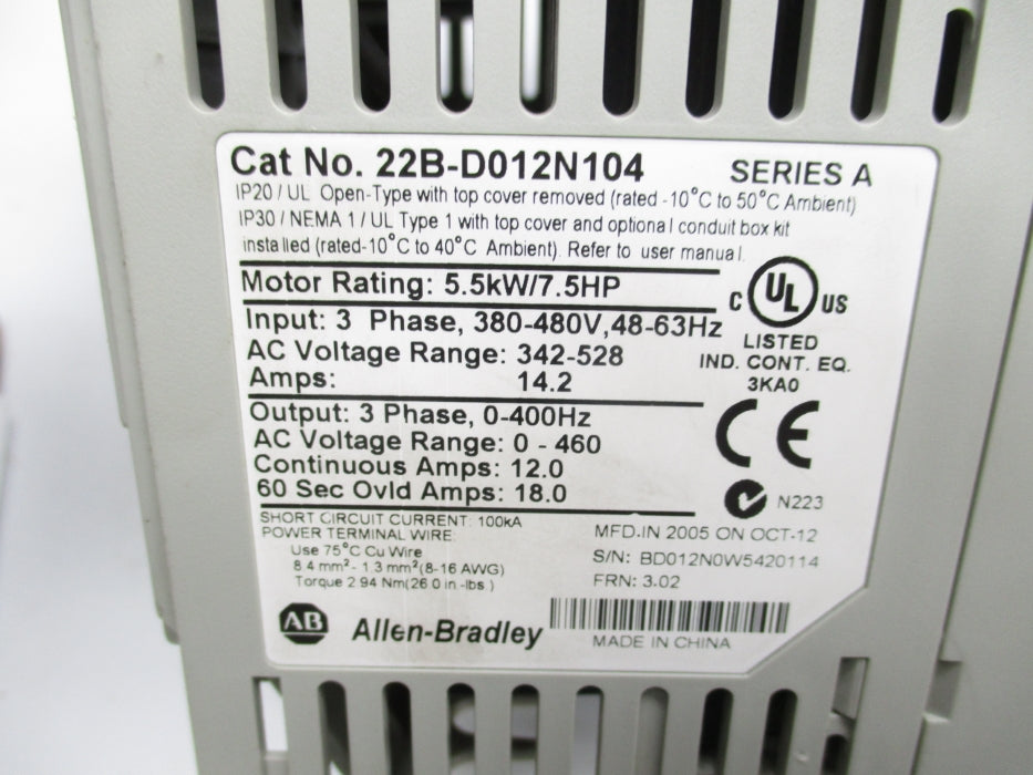 ALLEN BRADLEY 22B-D012N104 SER. A F/W 3.02 UNMP