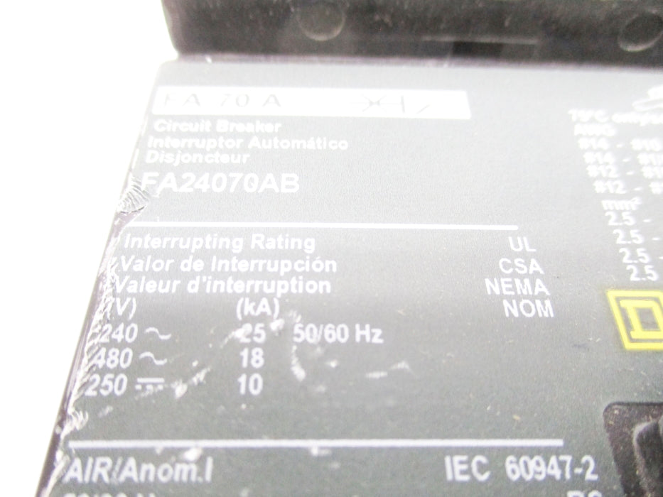 SQUARE D FA24070AB 70A 480V NUPI
