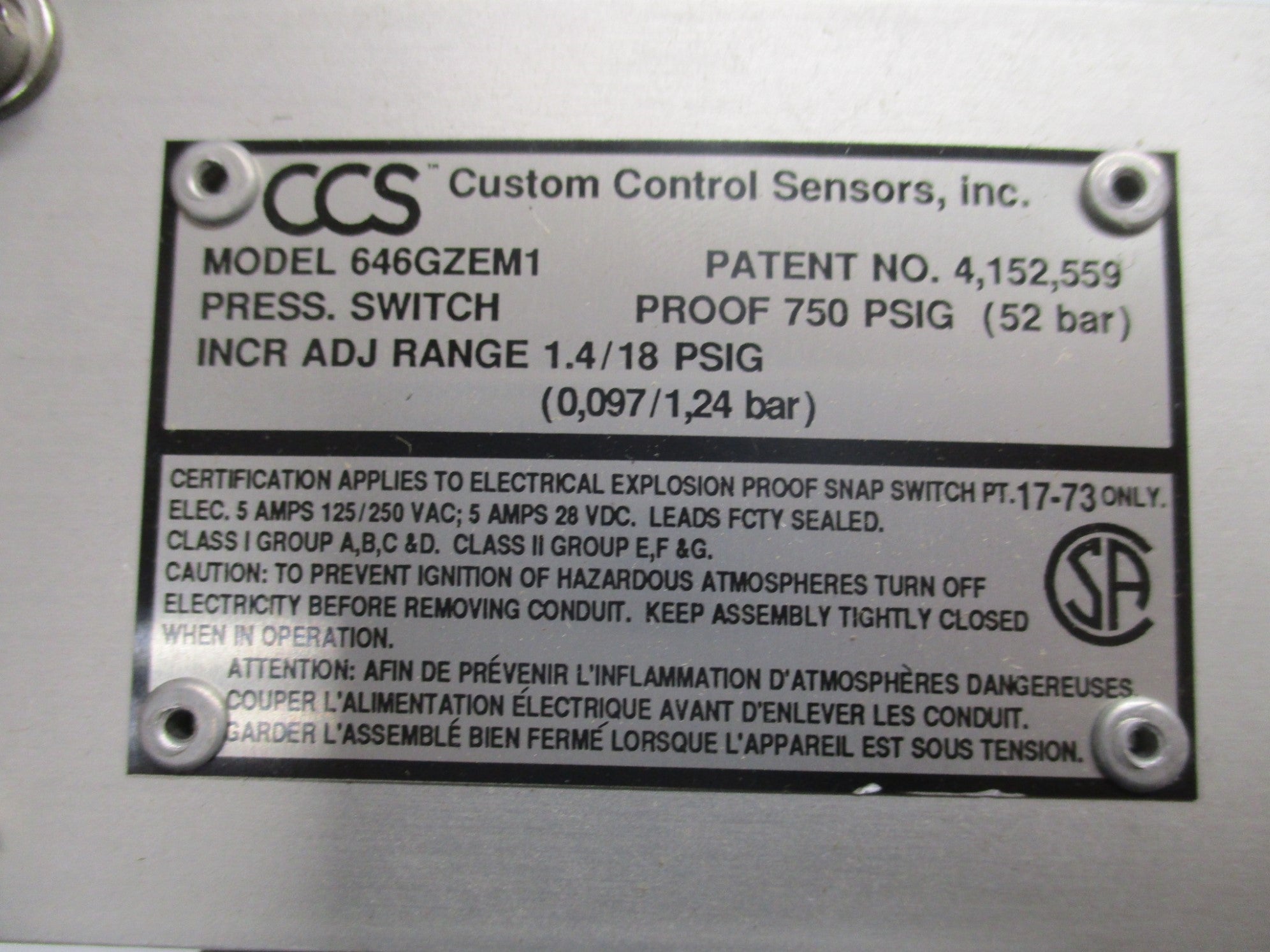 CUSTOM CONTROL SENSORS 646GZEM1 NSMP