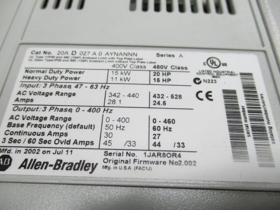 ALLEN BRADLEY 20AD027A0AYNANNN SER. A F/W 2.002 NSNP
