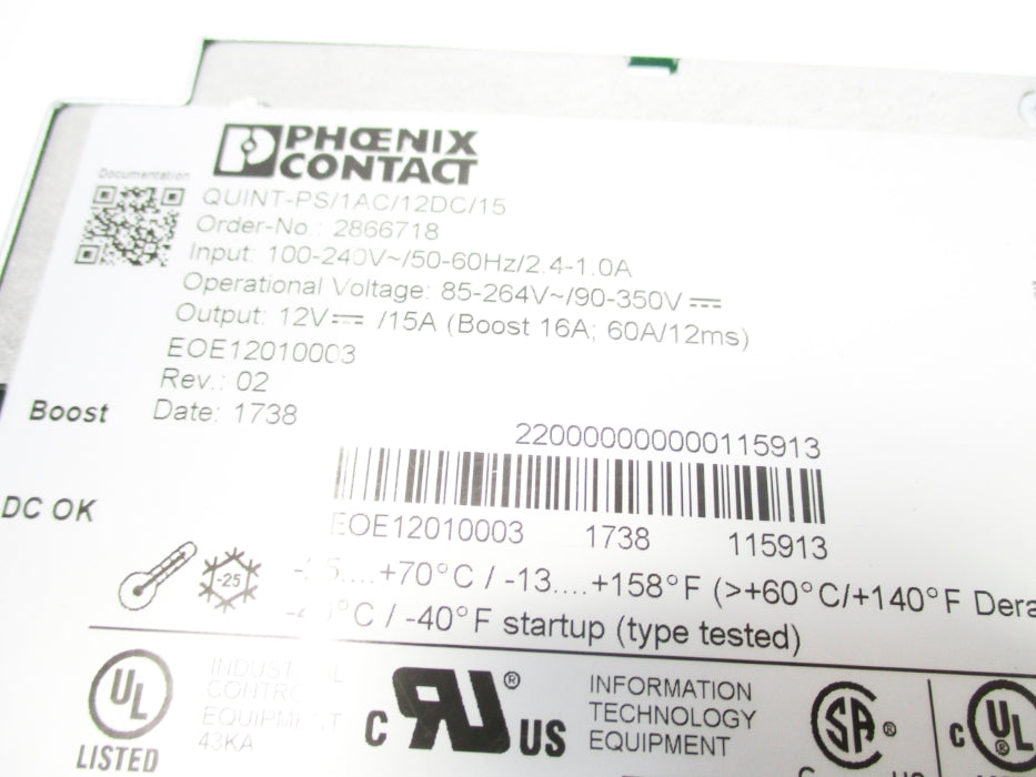 PHOENIX CONTACT QUINT-PS/1AC/12DC/15 2866718 100-240V 2.4-1.0A UNMP