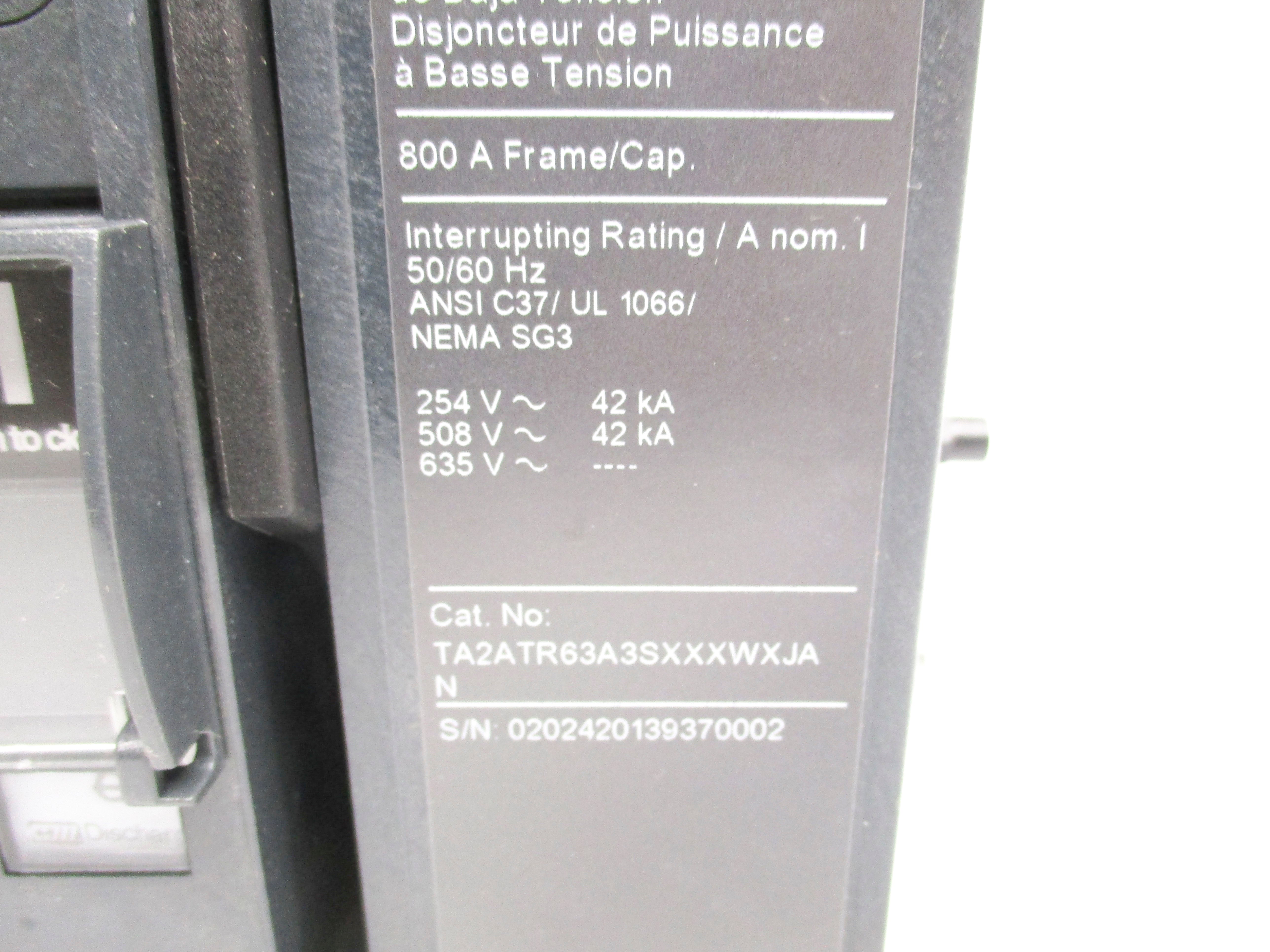SQUARE D TA2ATR63A3SXXXWXJAN 800A 508V NSMP