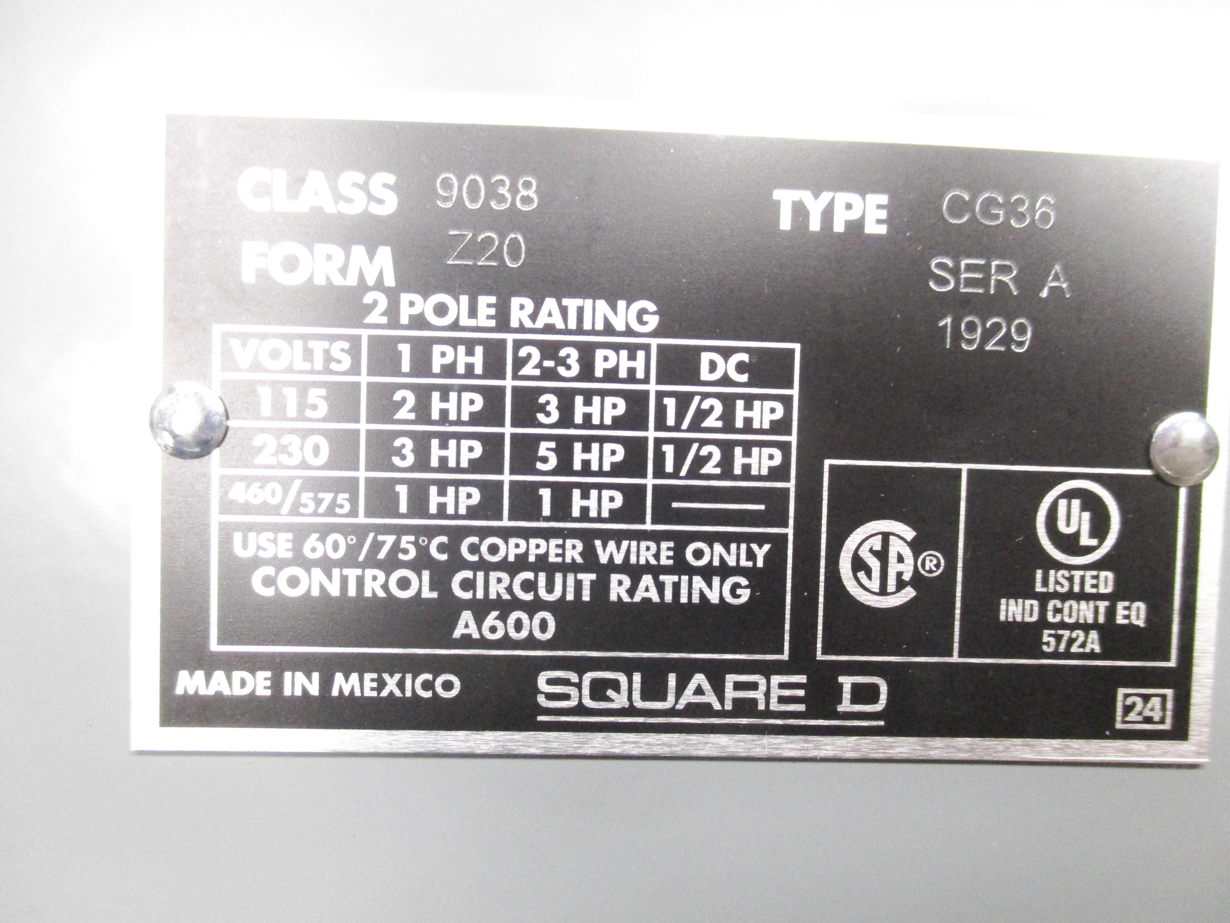 SQUARE D 9038CG36Z20 SER. A NSMP