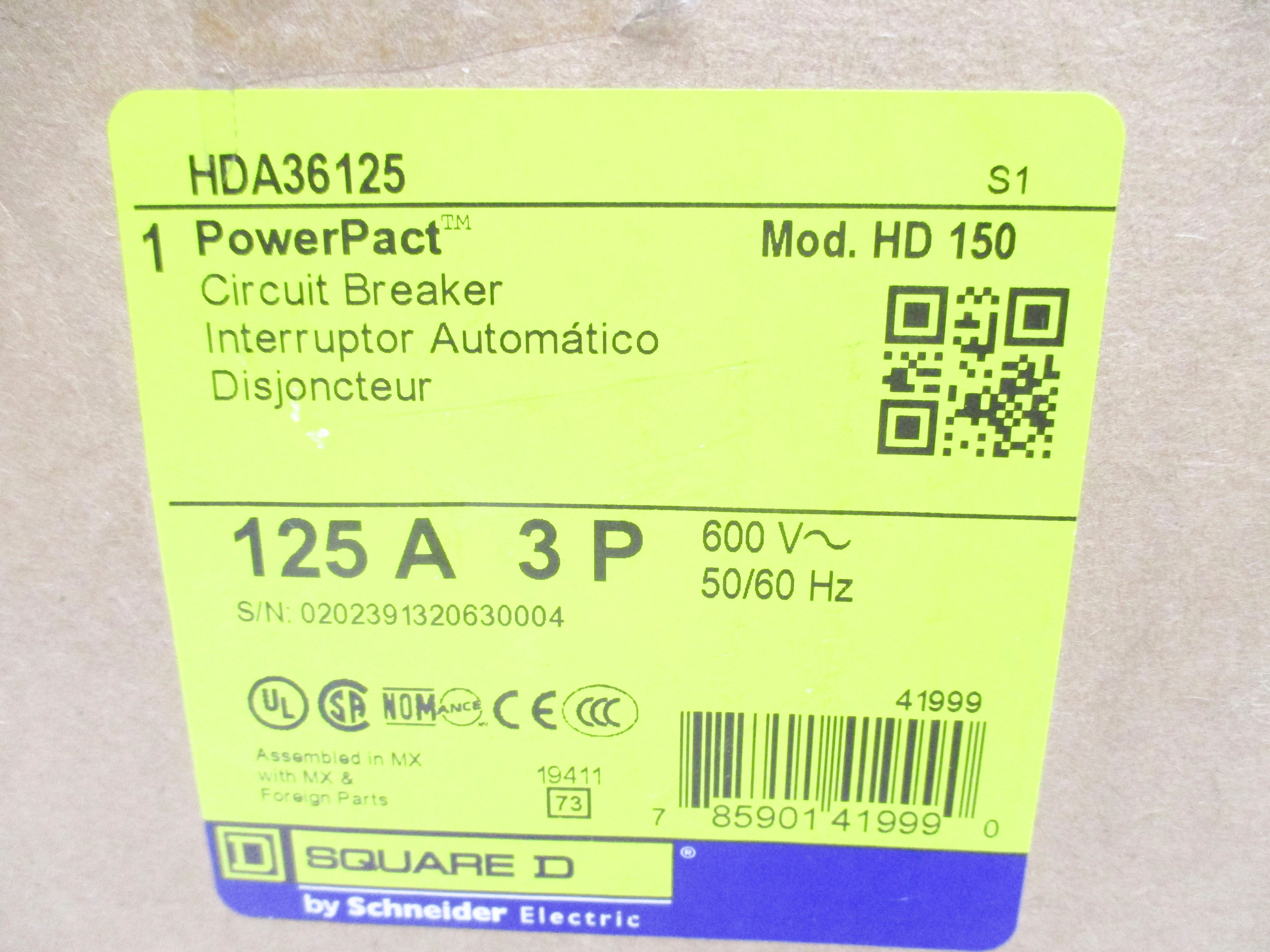 SQUARE D HDA36125 125A 600V NSMP