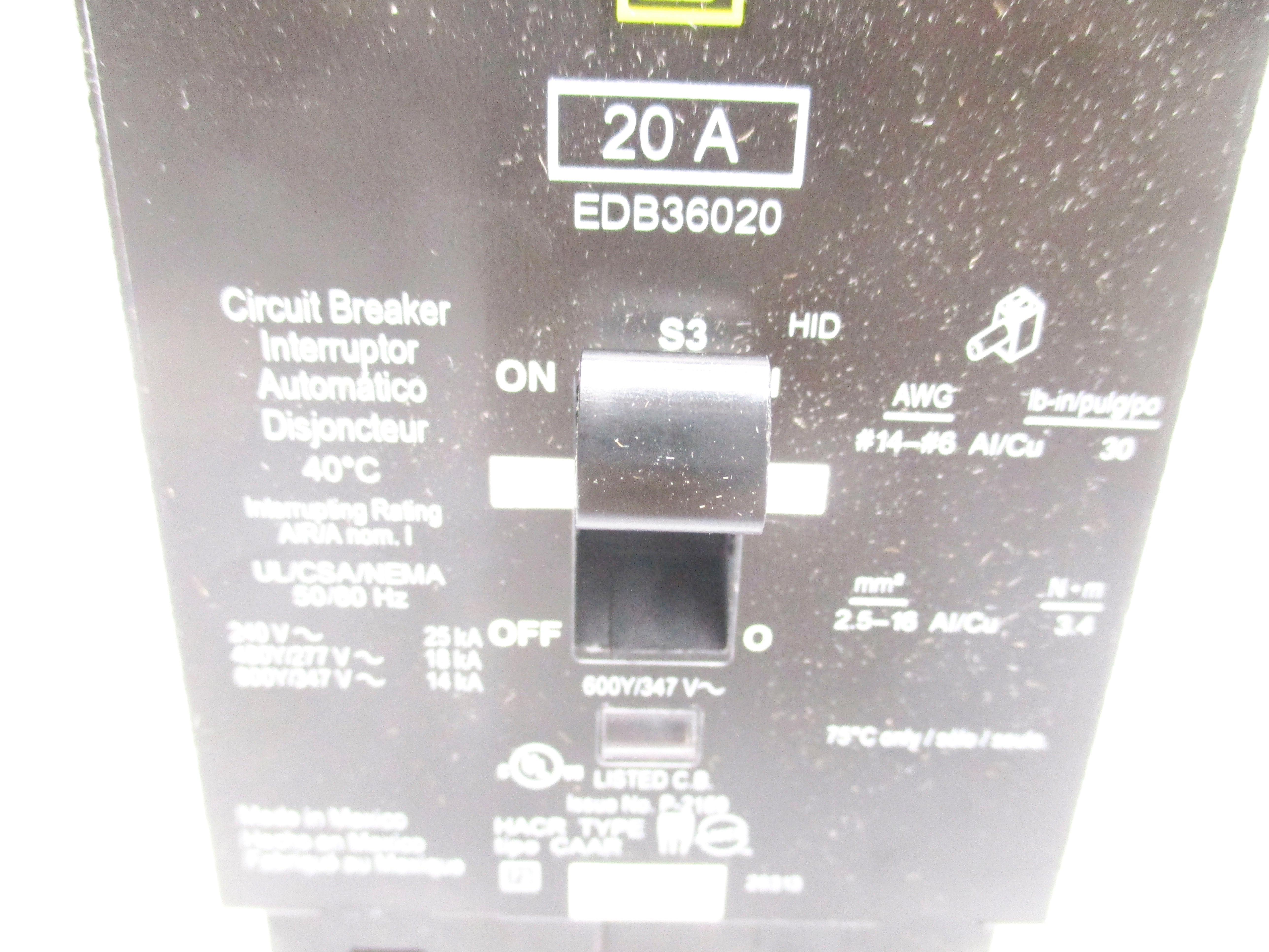 SQUARE D EDB36020 347V 20A NSMP