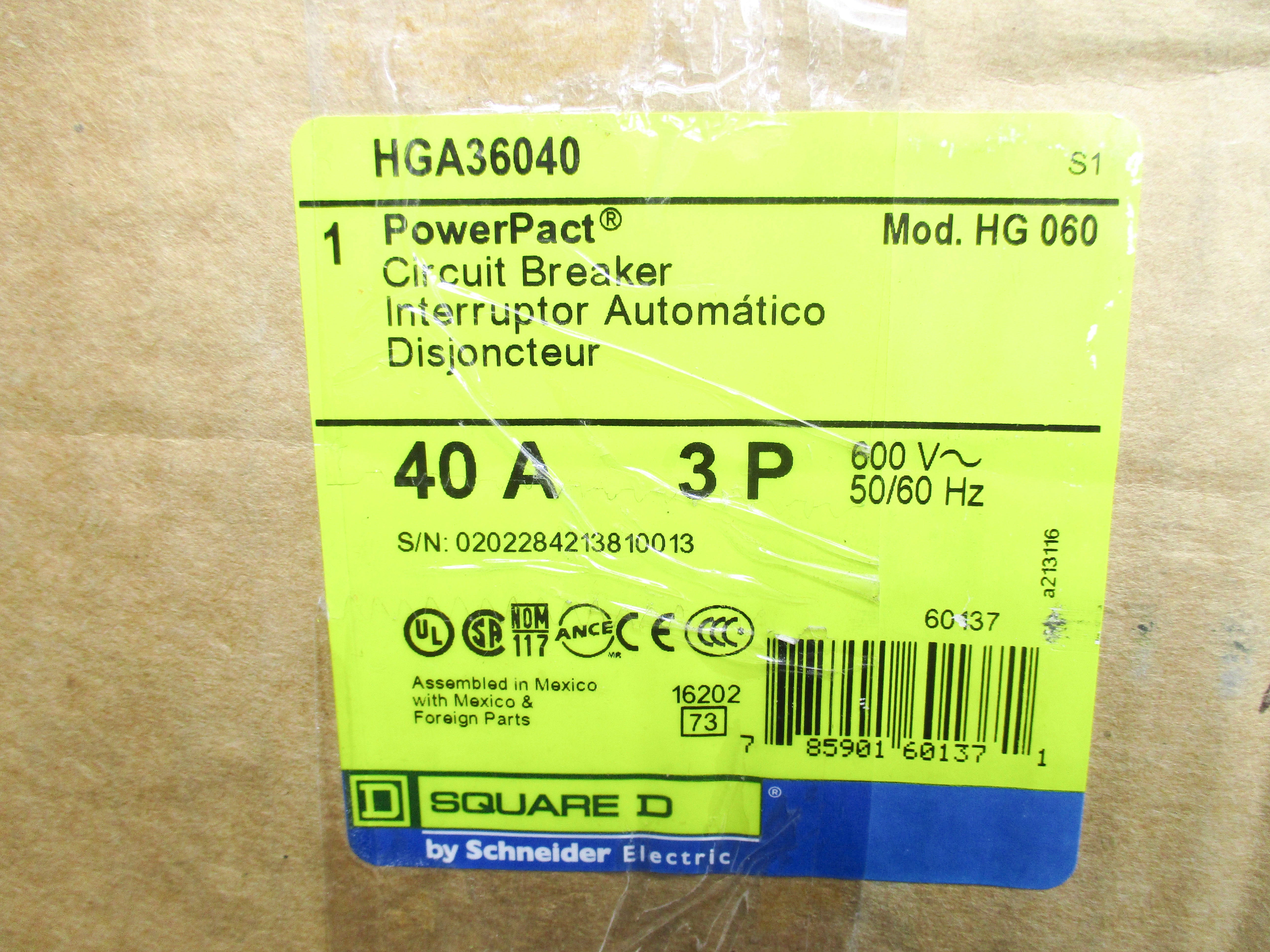 SQUARE D HGA36040 40A 600V NSMP