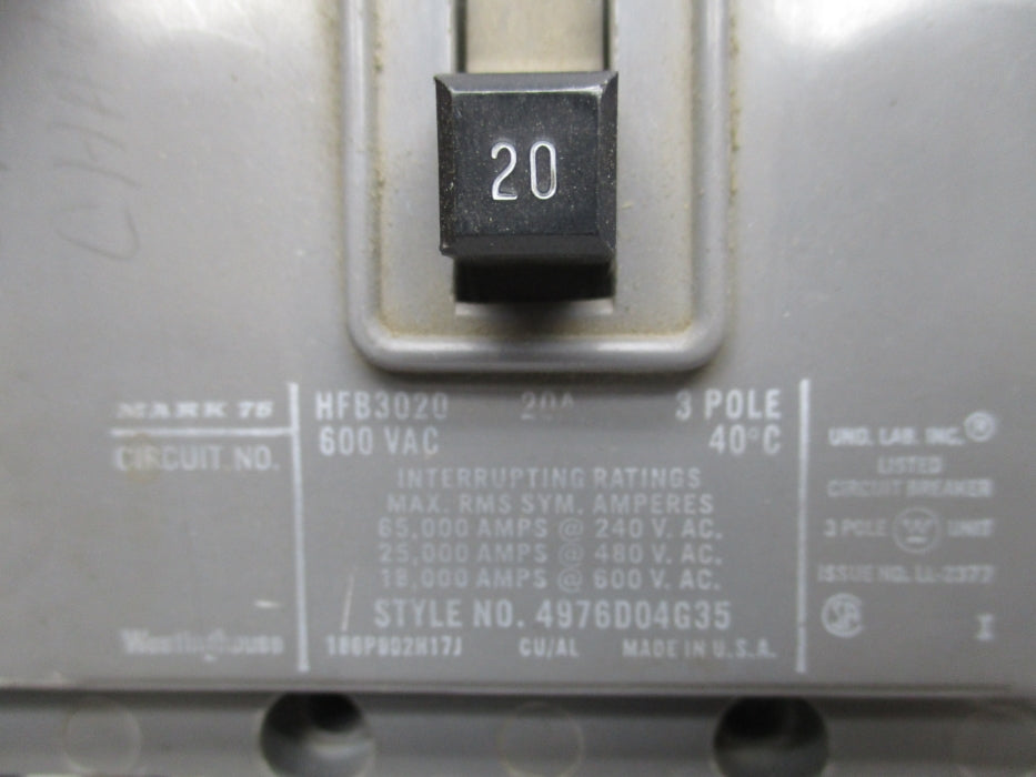 WESTINGHOUSE HFB3020 20A 600VAC UNMP