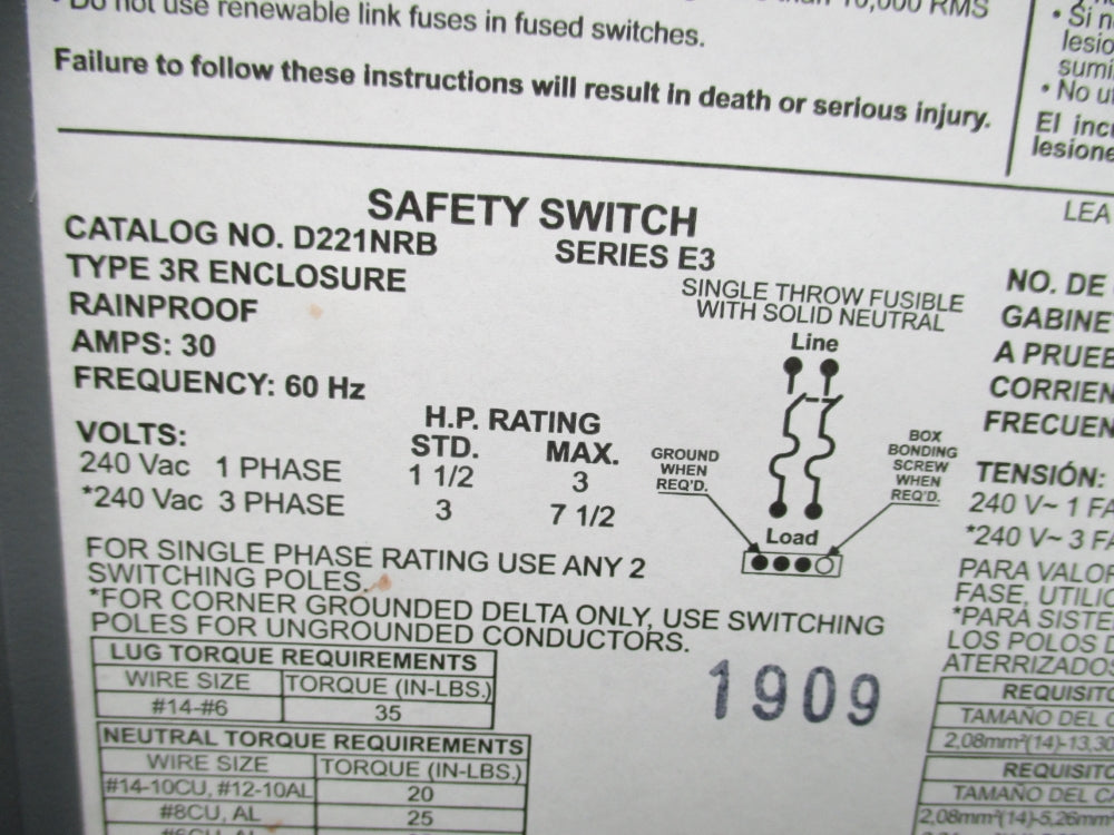 SQUARE D D221NRBCP1 SER. E3 (AS PICTURED) NSMP