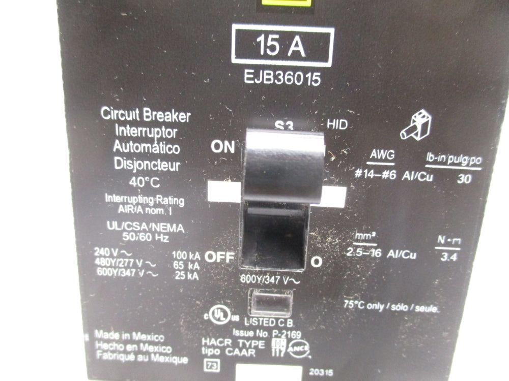 SQUARE D EJB36015 15A 347V NUPI