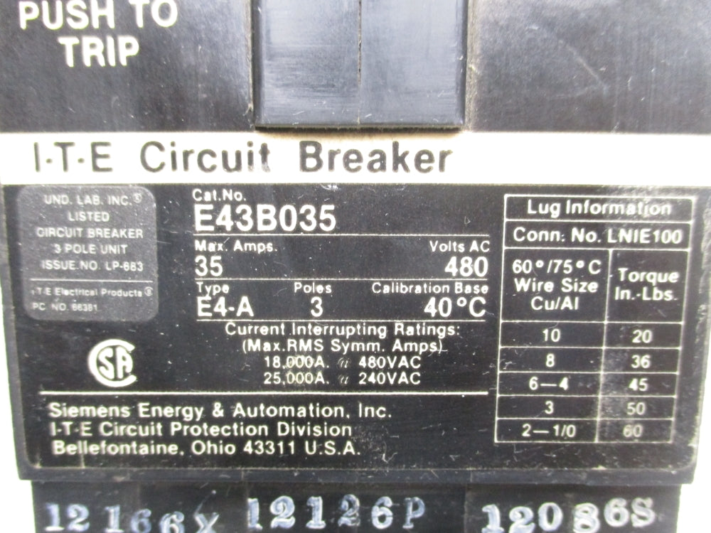 I-T-E CIRCUIT BREAKER E43B035 35A 480V UNMP