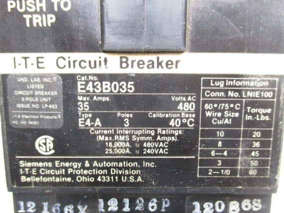 I-T-E CIRCUIT BREAKER E43B035 35A 480V UNMP