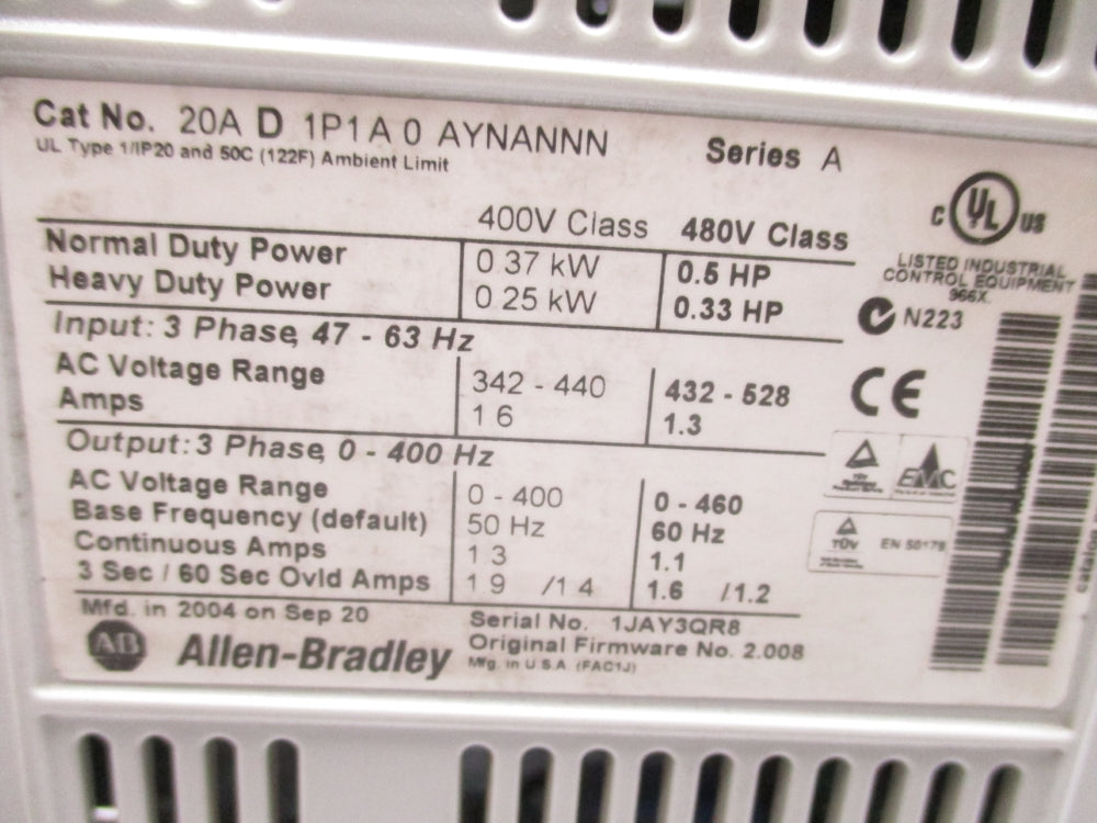 ALLEN BRADLEY 20AD1P1A0AYNANNN SER. A F/W 2.008 NSNP