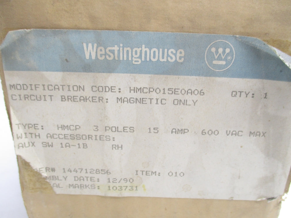 WESTINGHOUSE HMCP015E0AO6 SER. C 15A 600VAC NSMP