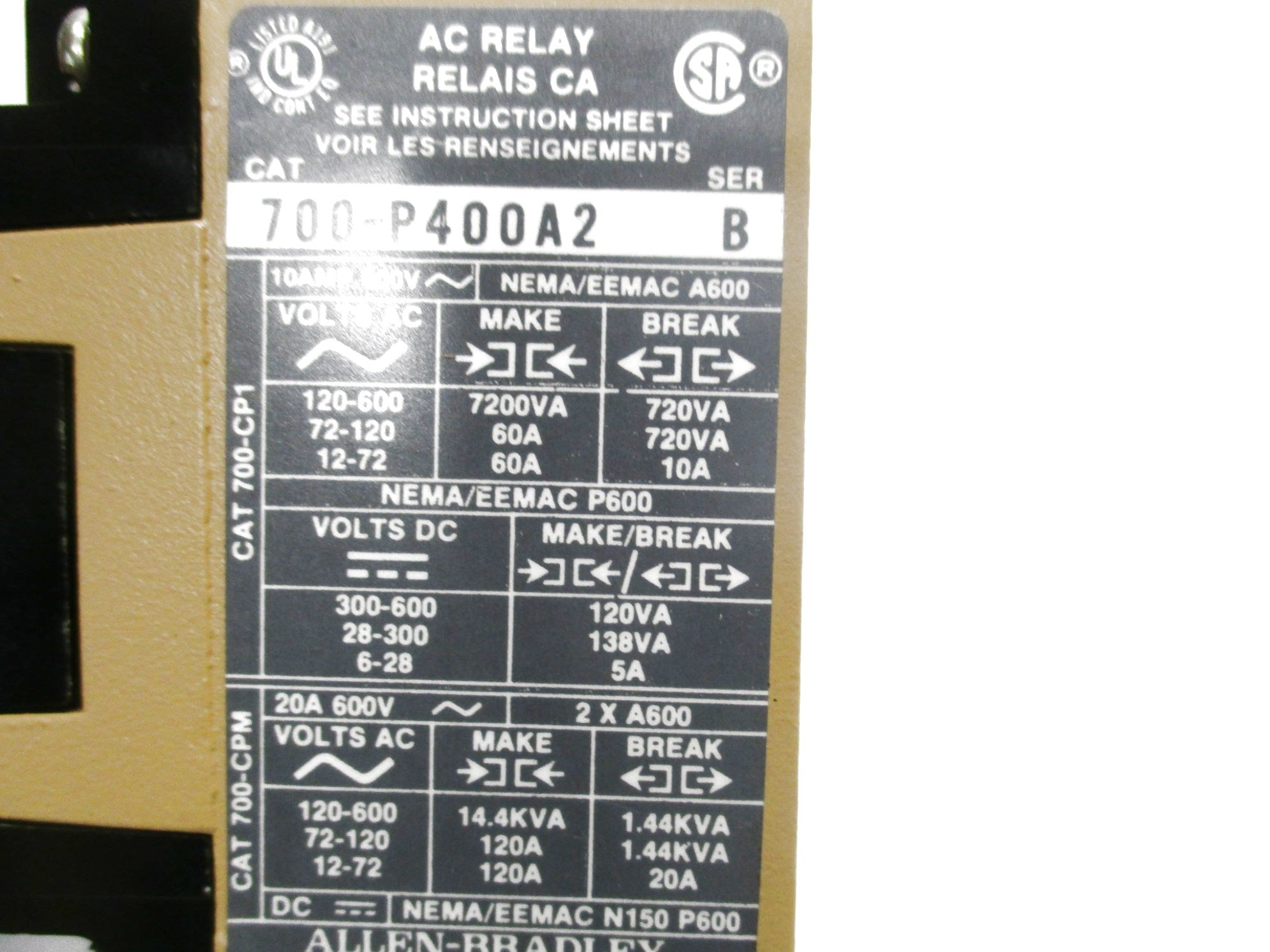 ALLEN BRADLEY 700-P400A2 SER.B 10A 600V (BK/YL) NSMP