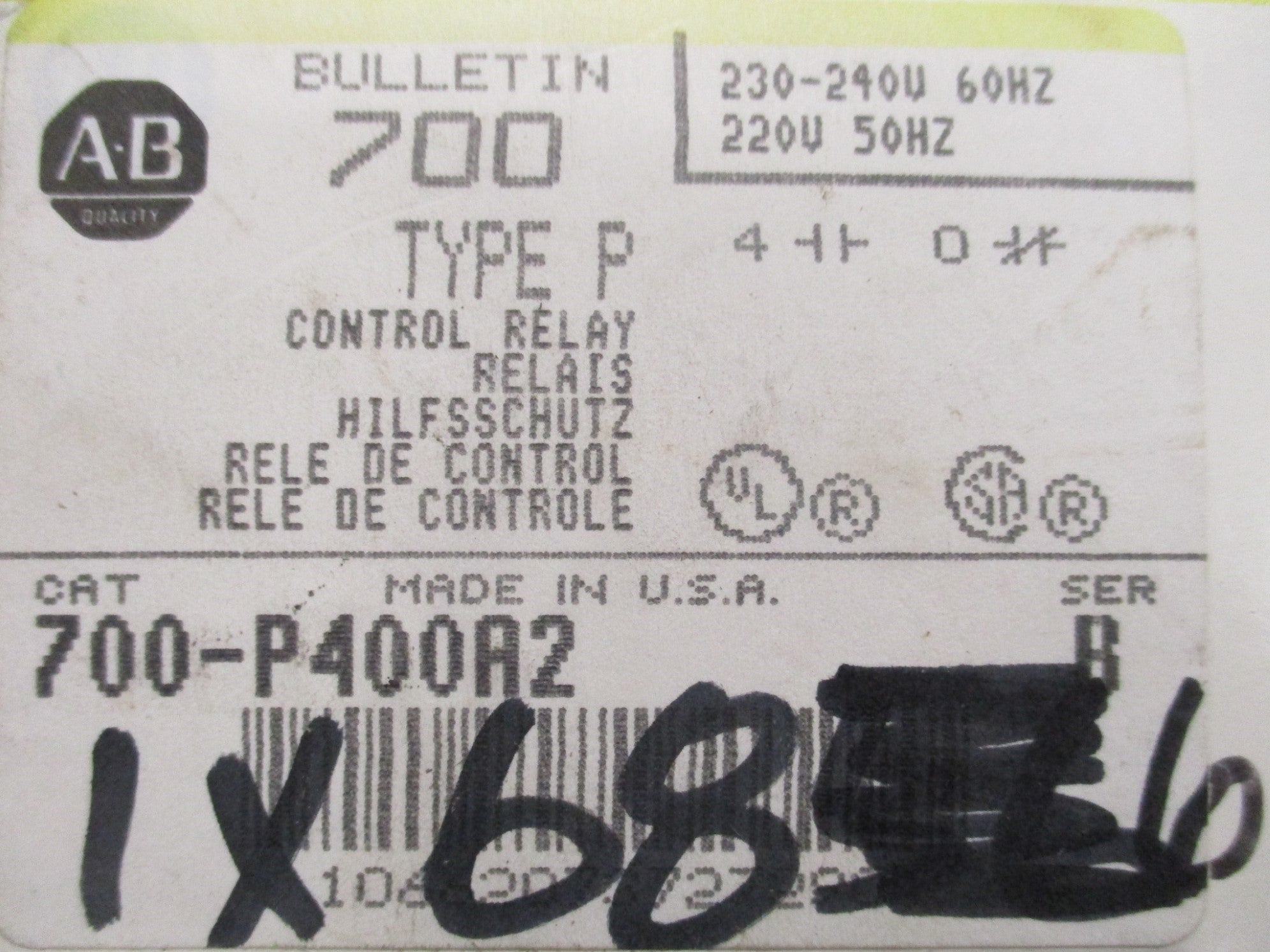 ALLEN BRADLEY 700-P400A2 SER.B 10A 600V (BK/YL) NSMP