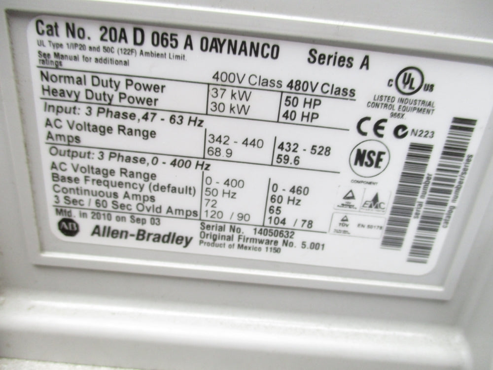 ALLEN BRADLEY 20AD065A0AYNANC0 SER. A F/W 5.001 UNMP