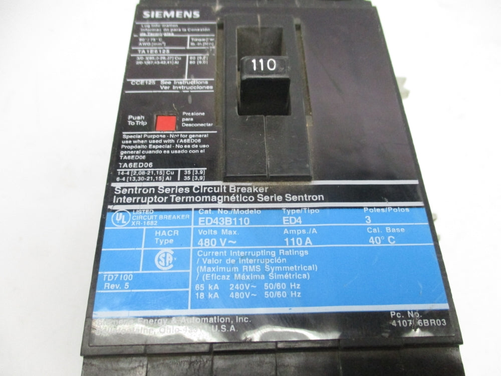 SIEMENS ED43B110 110A 480V UNMP