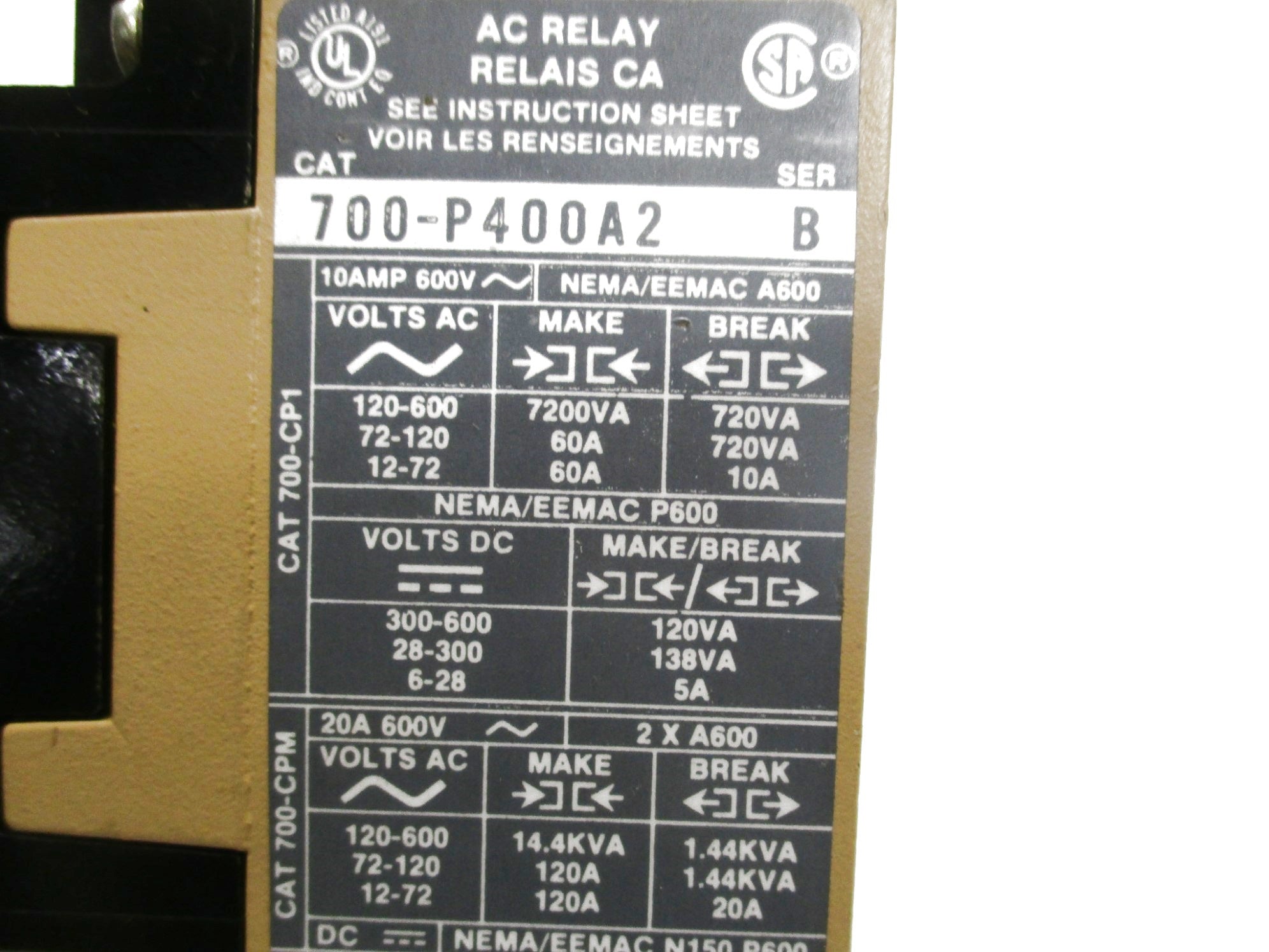 ALLEN BRADLEY 700-P400A2 SER.B 10A 230-240V UNMP (AS PICTURED)