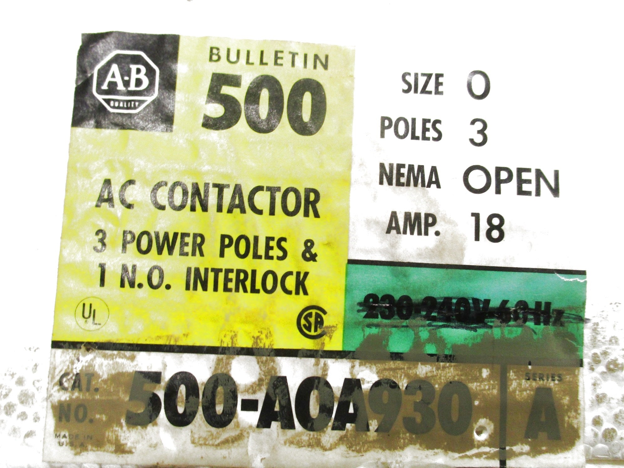 INDUSTRIAL SPARE PART 500-A0A930 18A 24V SER. A (GR/YL) NSMP