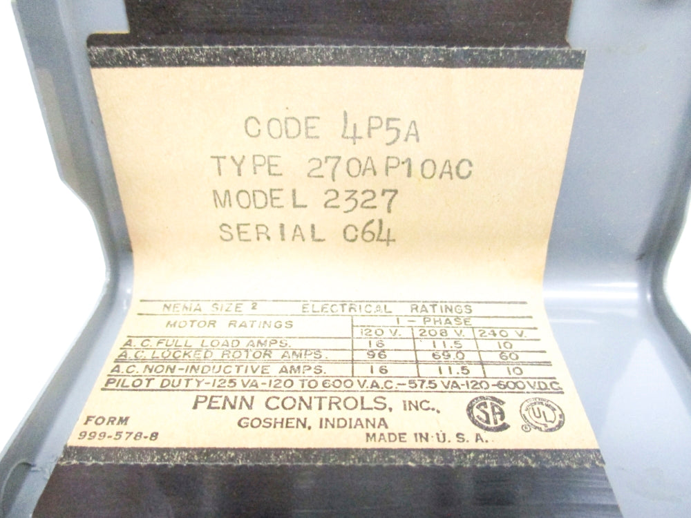 PENN CONTROLS 270AP10AC 2327 NSMP