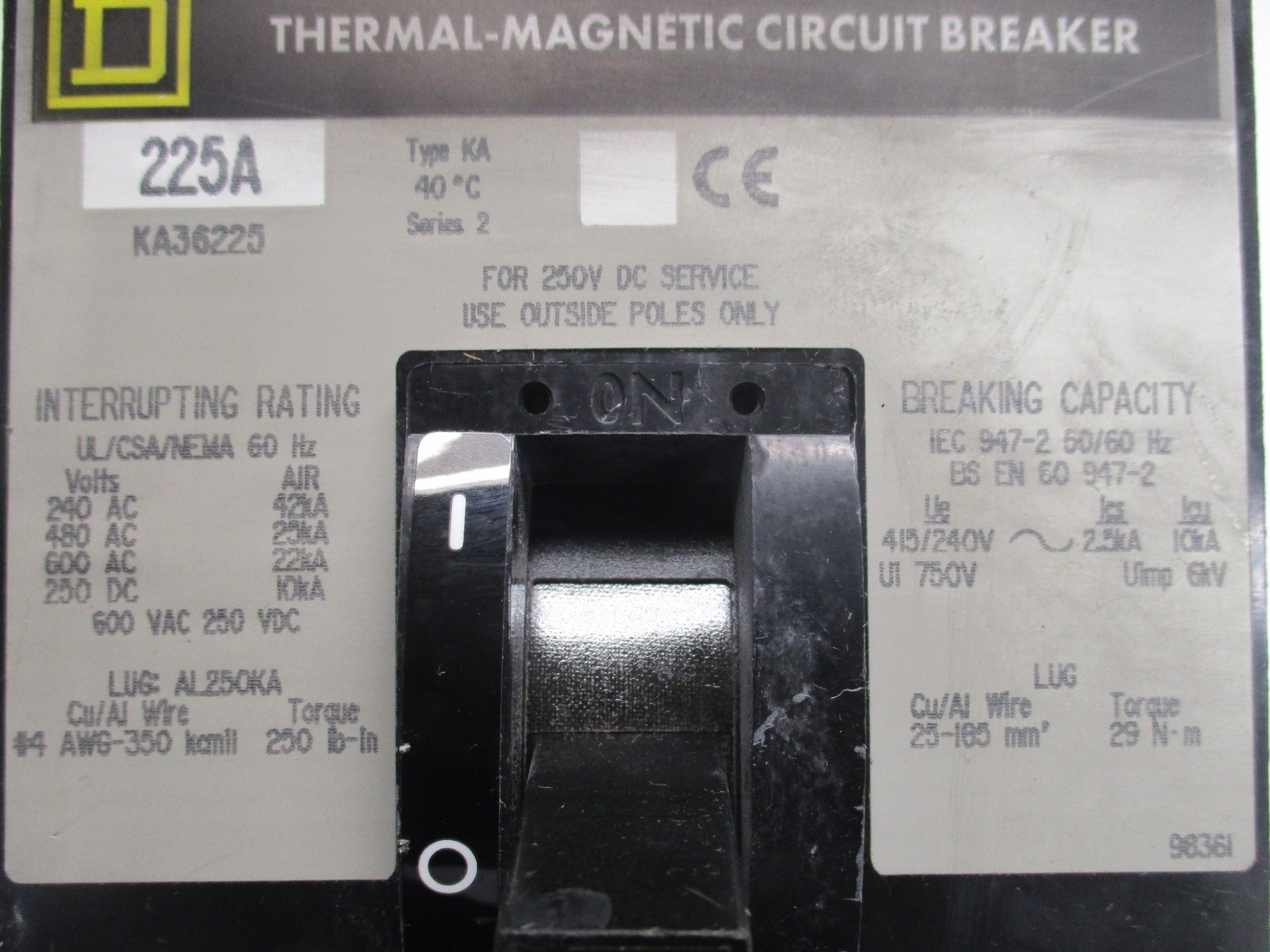 SQUARE D KA36225 SER. 2 600VAC 225A (GREY) UNMP