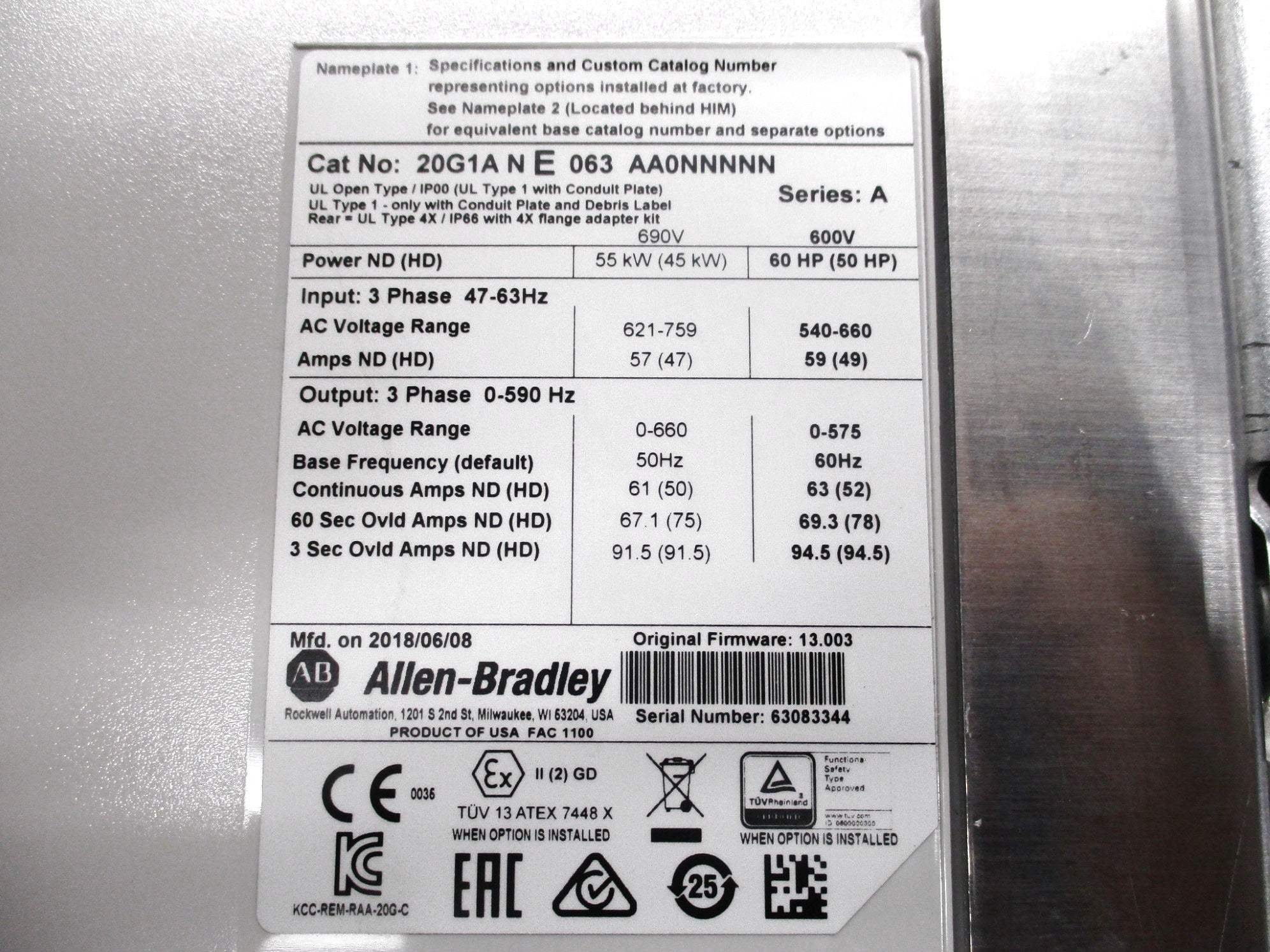 ALLEN BRADLEY 20G1ANEO63AA0NNNNN SER. A F/W 13.003 NSNP