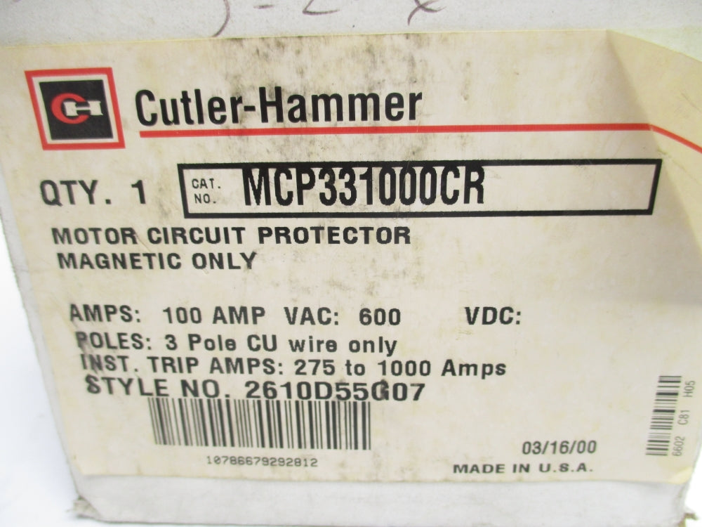 CUTLER HAMMER MCP331000CR 2610D55G07 600VAC 100A NSMP