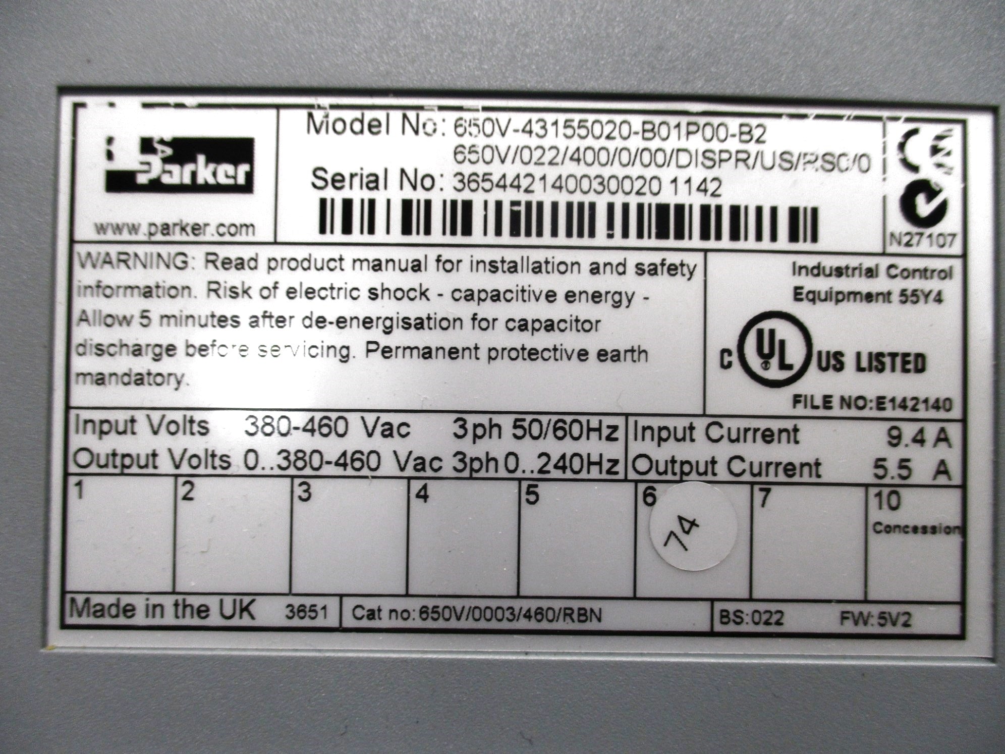 PARKER 650V-43155020-B01P00-B2 F/W 5V2 NSNP