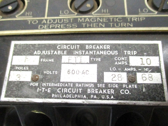 I-T-E CIRCUIT BREAKER ETI310 UNMP