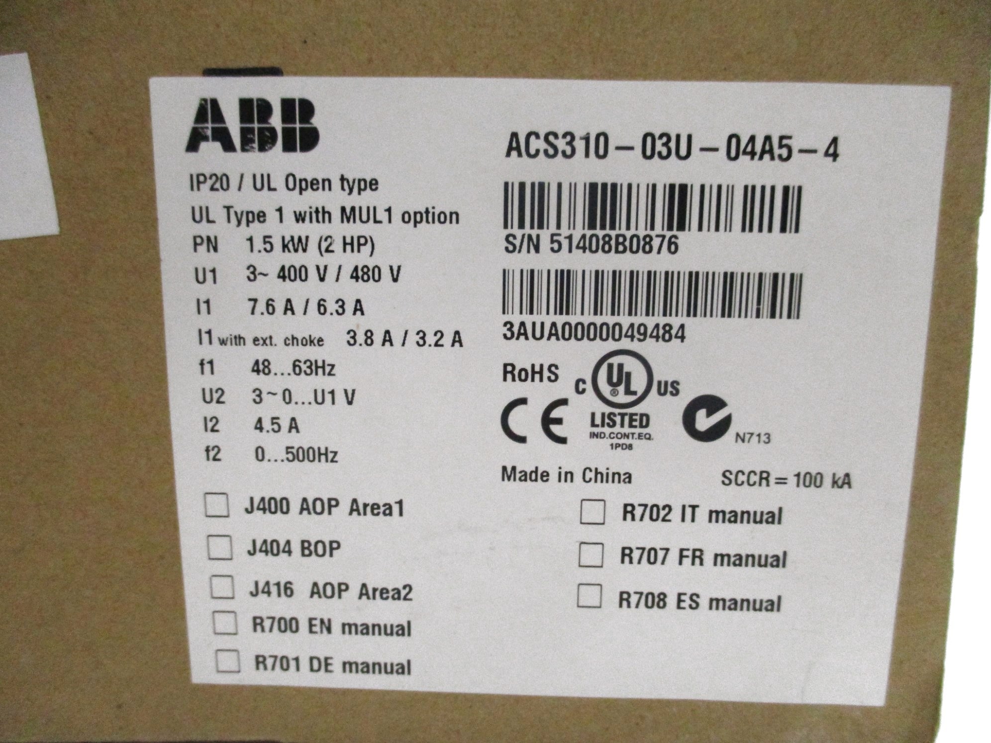 ABB ACS310-03U-04A5-4 4.5A 400V/480VNSMP